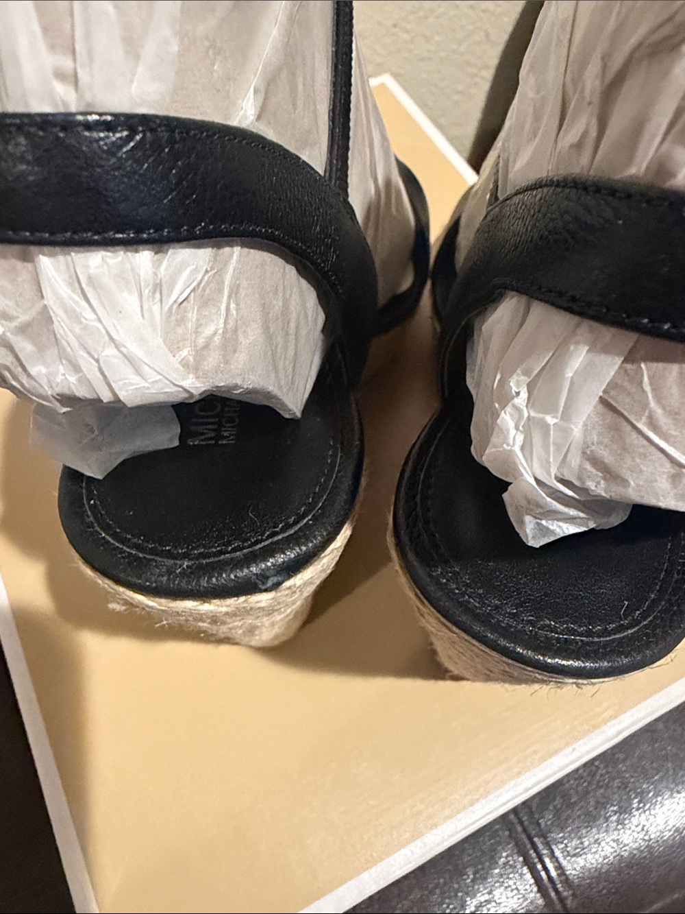 Michael Kors Black Leather Espadrille Wedge Sandals with Ankle Strap - Picture 8 of 10
